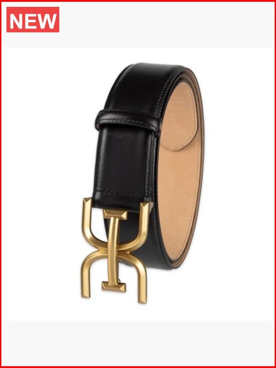 Genuine Leather Belt with Double-E Logo Plaque Buckle for Jeans